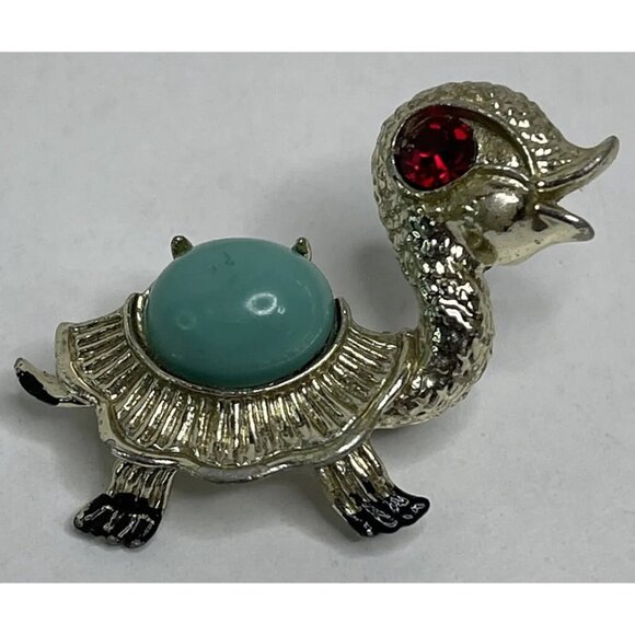 Vintage TURTLE BROOCH Pin Tortoise Rhinestone Cabochon Enamel Costume Jewelry - Picture 5 of 11